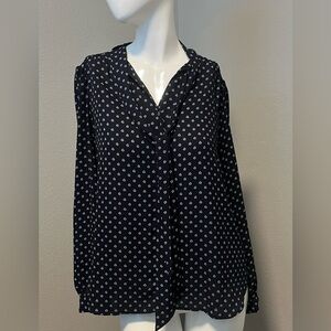 J. CREW Women’s Black and Blue Floral LS Neck Tie Top  Blouse Size S